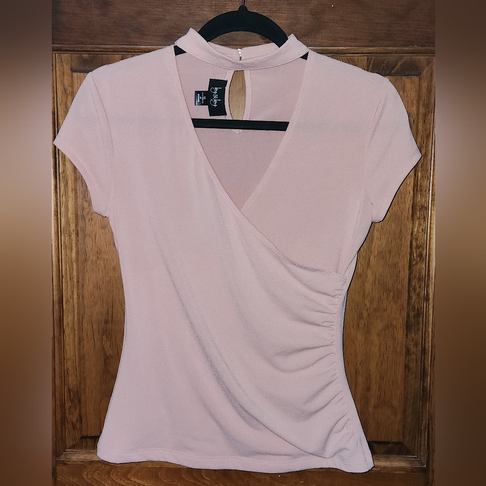 by & by Short sleeve blouse top wrap ruched front choker neckline blush pink Med